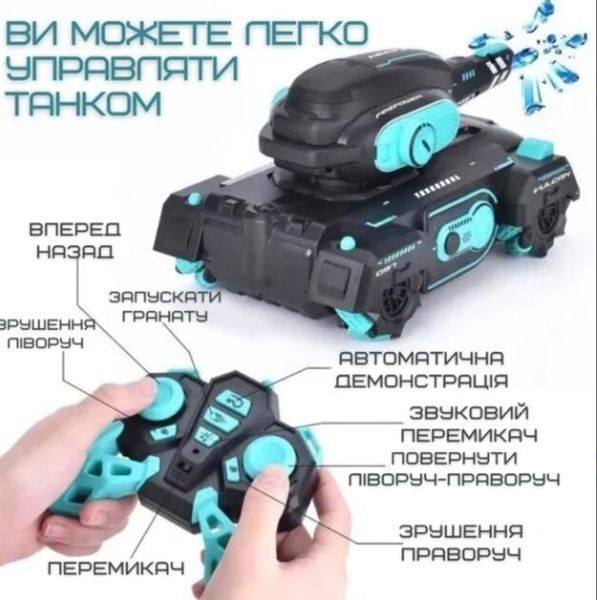Танк на радіокеруванні акумулятор 3.7 V пульт 2.4 Ghz браслет підсвічування парогенератор стріляє орбізами роликові колеса 159922 159922 фото